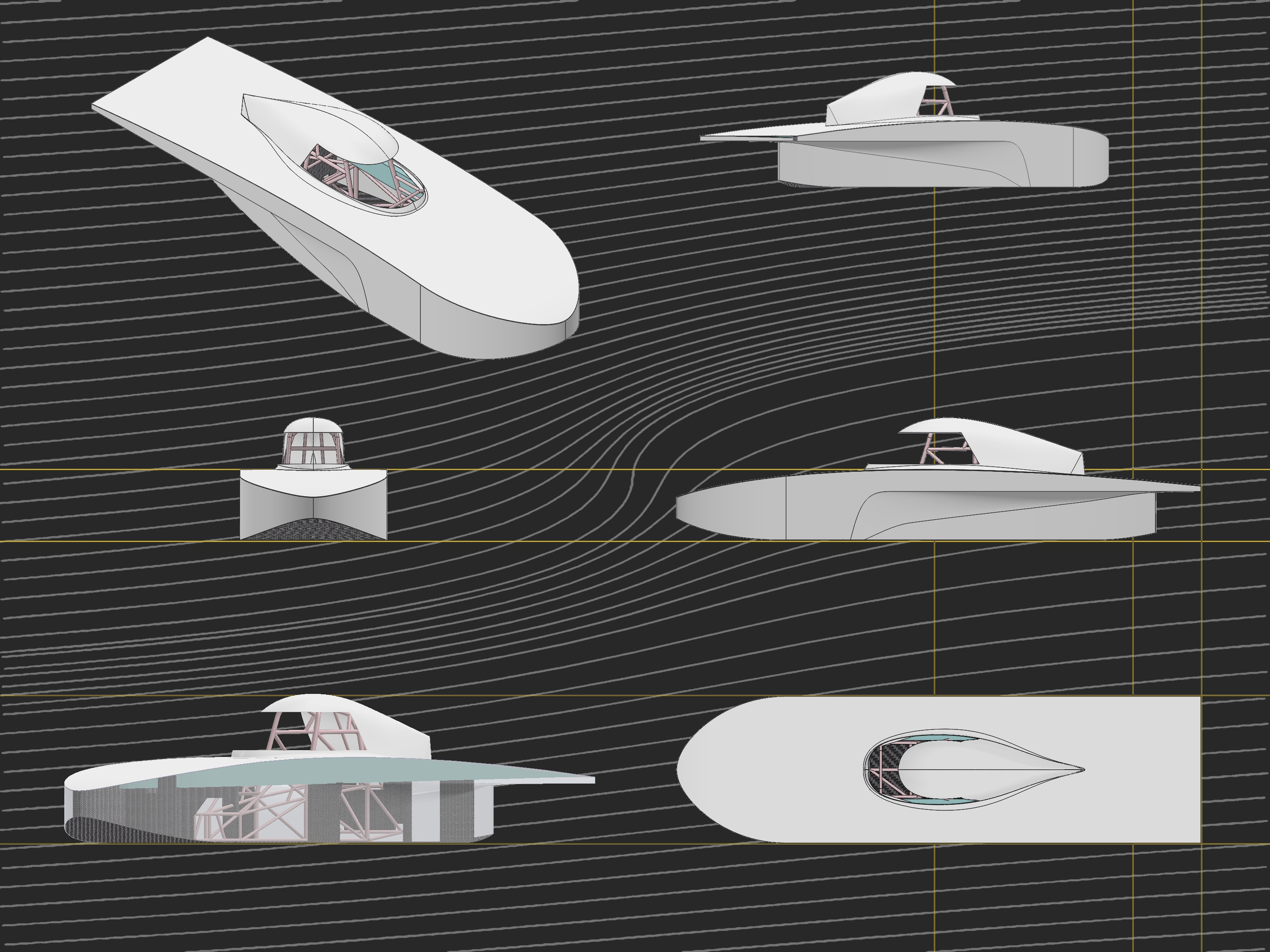 Aerobody isometric, rear 3/4. front, side, and top views. The translucent view features the chromoly steel chassis in pink, carbon-honeycomb-sandwhich panels in black, XPS foam stringers in blue, and a carbon bottom shell in black.