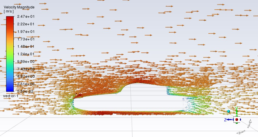 Early Ansys flow sim, showing velocity as particles