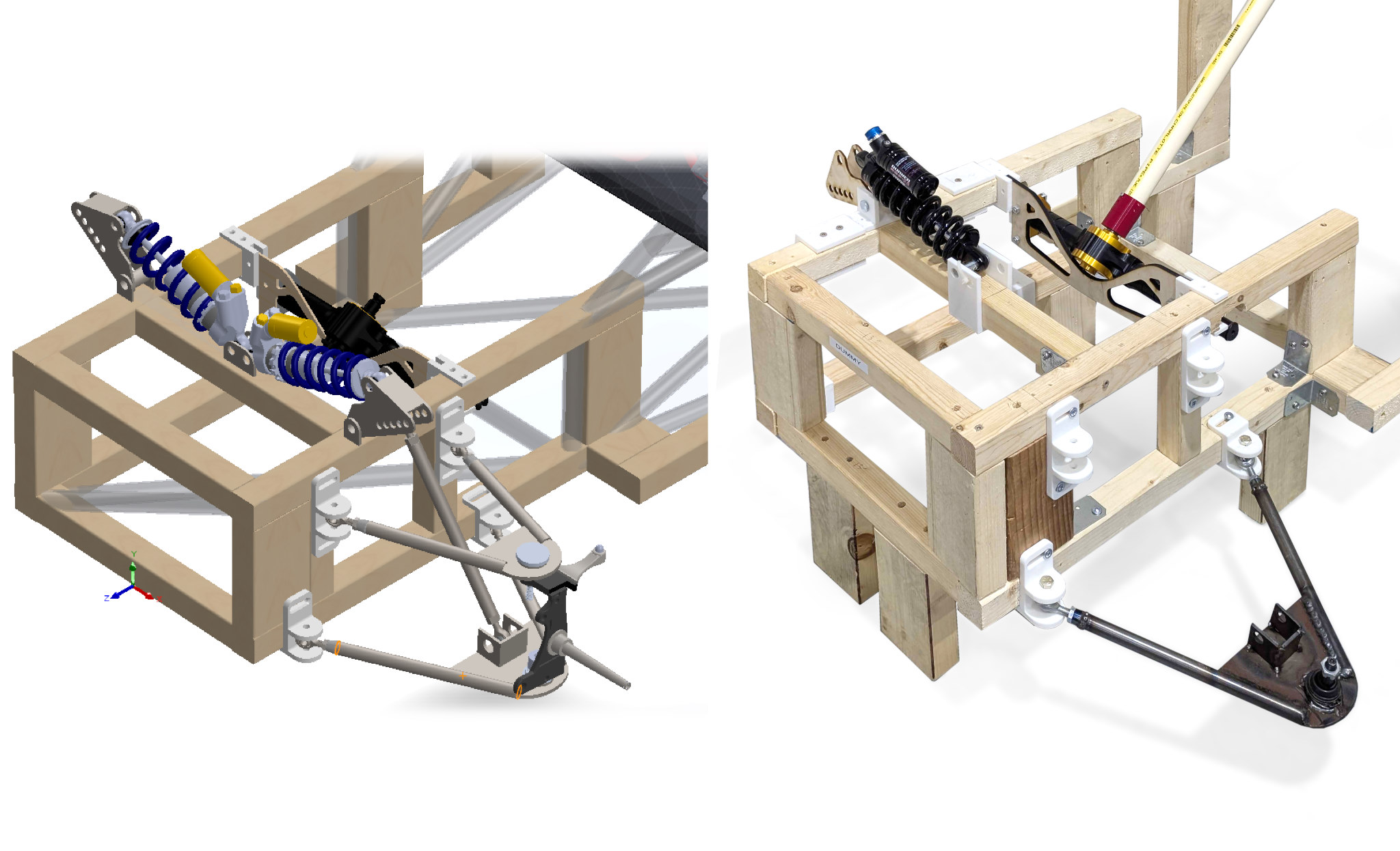 Wooden testing prototype CAD and real-world device
