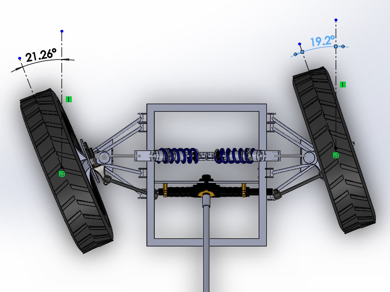 Top view in SolidWorks of an early version of the front suspension with Ackermann steering, measuring the wheels’ angles