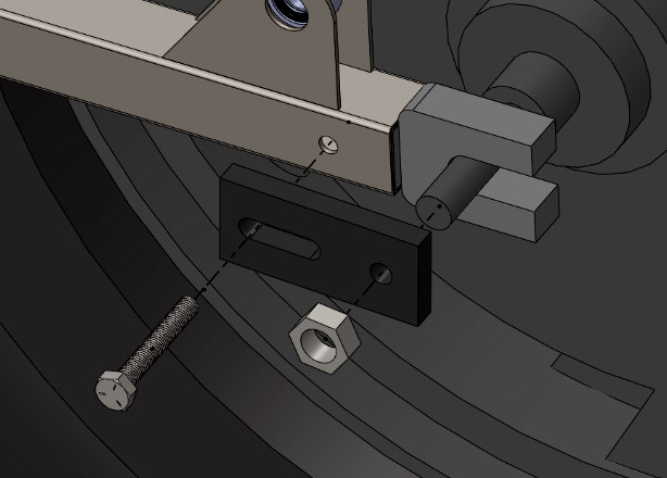 Rear swingarm mount, with the aluminum wrench depicted in gray